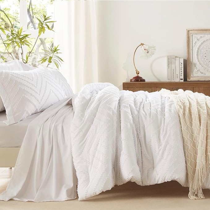 Anluoer Full Comforter Set, White Tufted Bed in a Bag 7 Pieces with comforters and sheets, All Season Bedding Sets with 1 Comforter, 2 PillowShams, 2 Pillowcases, 1 Flat Sheet, 1 Fitted Sheet - LeafyLoom