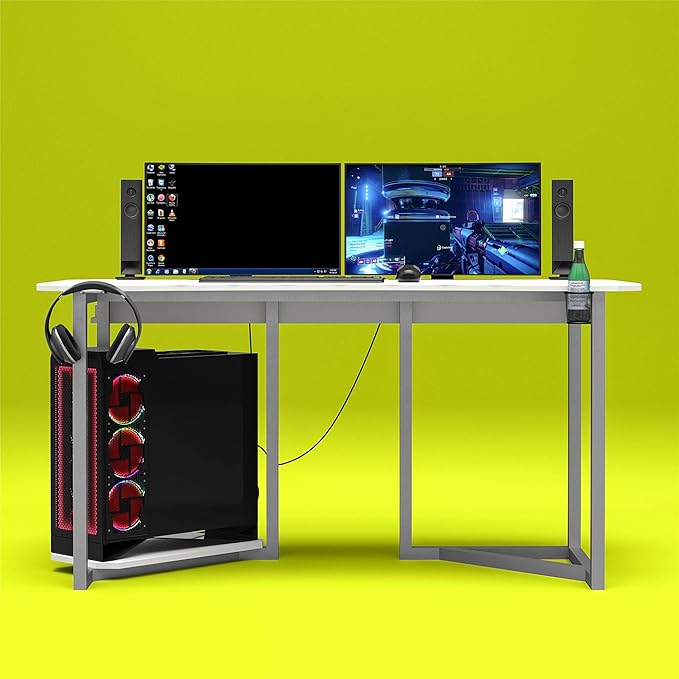 Quest Gaming Desk with CPU Stand, White - LeafyLoom