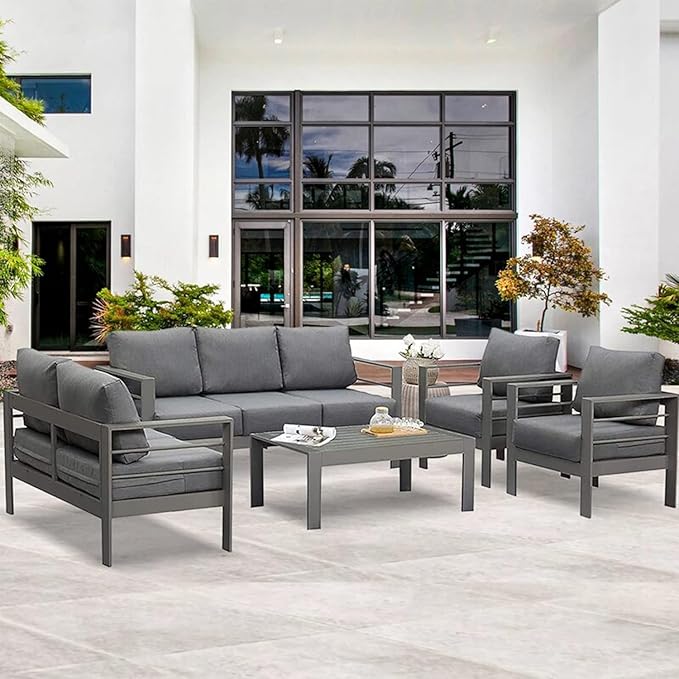 Wisteria Lane Aluminum Outdoor Patio Furniture Set, Modern Patio Conversation Sets, Outdoor Sectional Metal Sofa with 5 Inch Cushion and Coffee Table for Balcony, Garden, Dark Grey - LeafyLoom