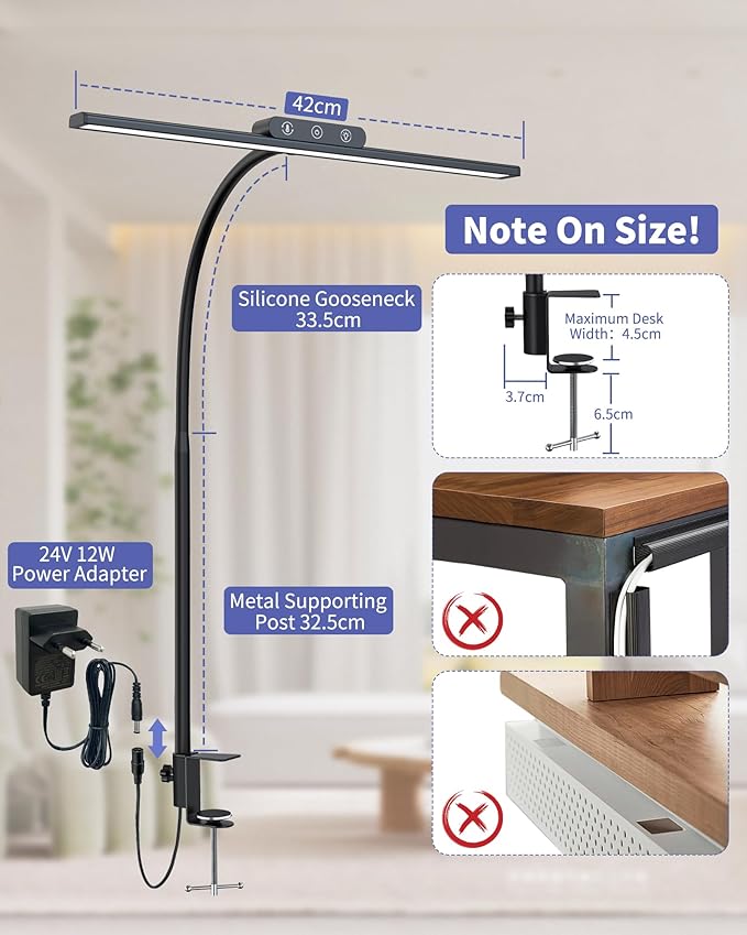 EppieBasic Desk Lamp, Architect Desk Lights for Home Office, Eye Care Led Desk Lamps with Clamp Dimmable & 4 Color Modes, 24V Bright Table Lamp Office Lighting for Working Reading Study - LeafyLoom