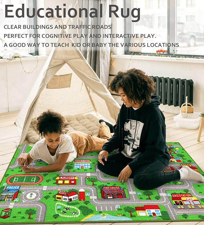 Kids Playroom Rug City Life Playmat Kids Rug for Hot Wheels Car 5.2'x3'3" City Map Traffic Road Learning Educational Area Rug Carpet for Children Bedroom Nursery Room Game - LeafyLoom