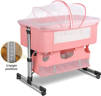 Baby Crib,3 in 1 Bedside Crib Adjustable Portable Bed for Infant,Baby Bassinet Baby Newborn Must Have Bed,Pink - LeafyLoom