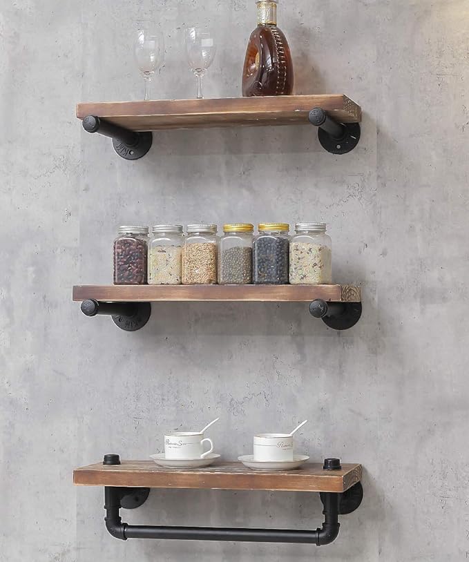 Industrial Rustic Modern Wood Ladder Pipe Wall Mounted Floating Shelves - Bookshelf,DIY Storage Shelving,Hung Bracket,Bookcase (3-Tier Floating Shelves) - LeafyLoom