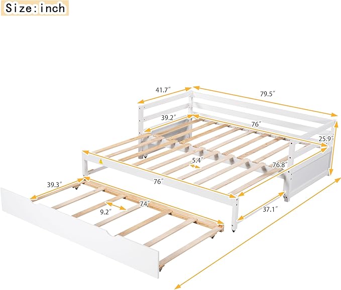 Wooden Extendable Daybed, Twin to King Daybed Frame with Trundle, Extending Sofa Bed for Living Room Bedroom Guest Room, White - LeafyLoom