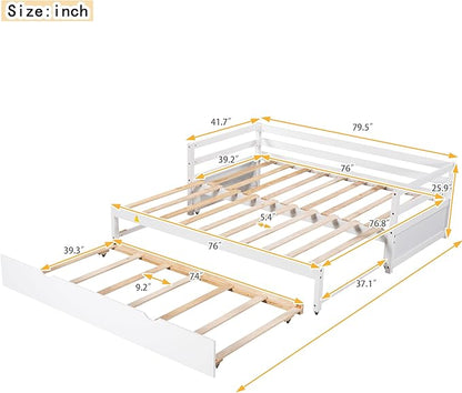 Wooden Extendable Daybed, Twin to King Daybed Frame with Trundle, Extending Sofa Bed for Living Room Bedroom Guest Room, White - LeafyLoom