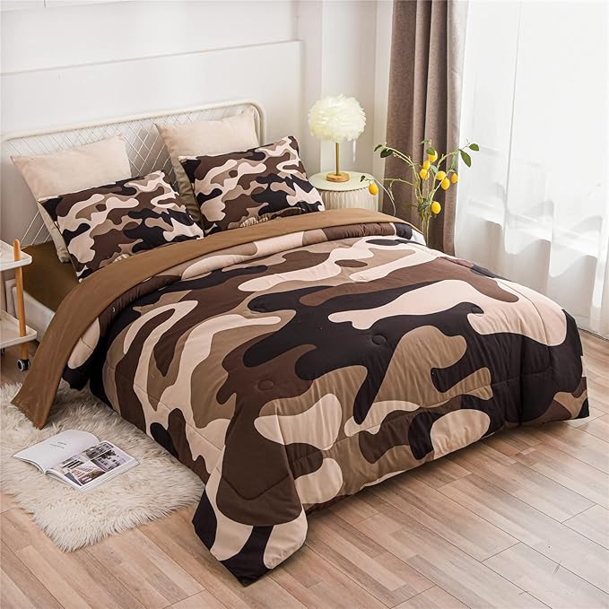 Meeting Story Camouflage Bedding Set, Colorful Pattern Style Comforter Set, 5 PCS One Comforter Two Pillowcases Two Sheets in One Bag, All Season Bedspread for Teens Adults (Coffee, Twin 5Pcs) - LeafyLoom