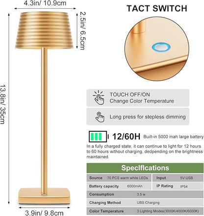 Rechargeable Cordless Table Lamp, Battery 5000mAh Metal Aluminum Housing USB LED Portable Powered Desk Lamp, 3 Levels Brightness Night Light for Restaurants Bars Outdoor (Gold-2pack) - LeafyLoom