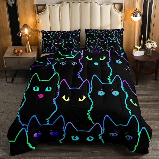 Erosebridal Cute Cat Kids Comforter Neon Rainbow Line Cat King Bedding Set for Boys Girls Teen Cartoon Kawaii Cats Toddler Bed Set Colorful Animals Quilt Set Reversible Black,2 Pillow Cases - LeafyLoom