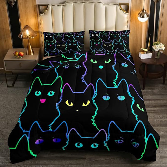 Erosebridal Cute Cat Kids Comforter Neon Rainbow Line Cat Twin Bedding Set for Girls Boys Teen Cartoon Kawaii Cats Toddler Bed Set Colorful Animals Quilt Set Reversible Black,1 Pillow Case - LeafyLoom