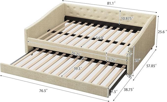 Full Size Upholstered Daybed with Twin-Size Trundle,Elegant Wood Sofa Bed w/Button Tufted Back and Waved Shape Arms & Nailhead,Slat Support,for Apartment,Bedroom,Living Room,Beige - LeafyLoom