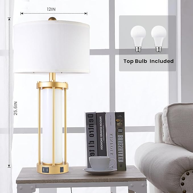 Table Lamps for Living Room Set of 2,26" Tall Gold Bedside Farmhouse Table Lamps with LED Lantern Nightlight,Bedroom Nightstand Lamps with Dual USB Port Grey White Shade (Bulbs Included) - LeafyLoom