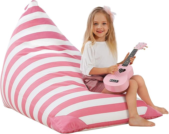 Aubliss Stuffed Animal Storage Bean Bag Chairs Cover, 50"x 35" Extra Large Bean Bags Chair for Kids & Adults, Beanbag Toy Storage for Boys Girls - Premium Cotton Canvas Pink Stripe - LeafyLoom