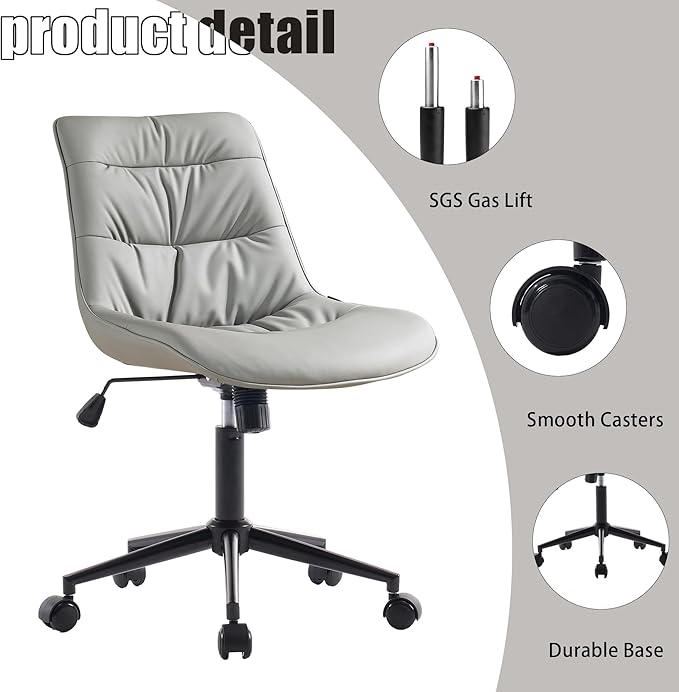 Kidol & Shellder Armless Office Chair Desk Chair Comfy Makeup Vanity Chair with Back Ergonomic Swivel Chair Home Office Desk Chairs with Wheels Rolling Computer Chair Bedroom Accent Chair(Gray) - LeafyLoom