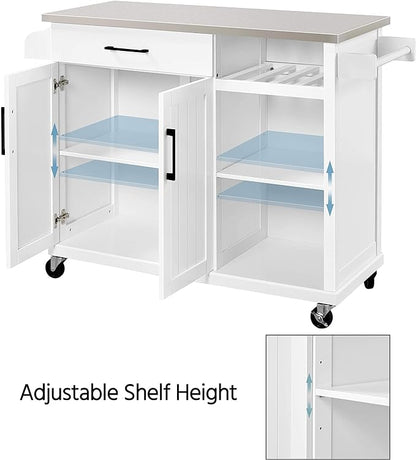 Yaheetech Kitchen Island Cart with Stainless Steel Top, Rolling Storage Cabinet on Wheels with Drawer& Wine Rack & Spice Rack, Sideboard Buffet with Towel Bar, White - LeafyLoom