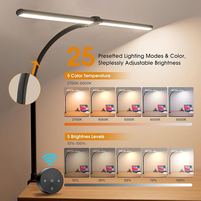 Double Head Desk Lamp LED Dimmable with Touch Remote Control, 80cm Architect Desk Light with Clamp, 24W Adjustable Gooseneck Office Light Monitor Light, 25 Lighting Modes for Study Reading, Black - LeafyLoom