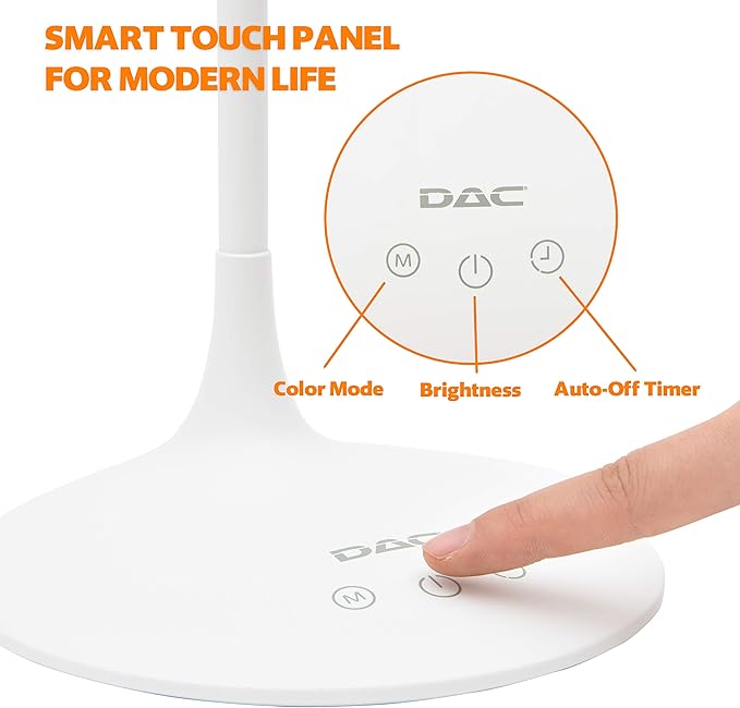 DAC LED Desk Lamp, Eye Care Table Lamp, 360 Degree Flexible Gooseneck, Continuously Dimmable, 3 Color Modes, Touch-Sensitive Control Panel, 40-Minute Auto Shut-Off Timer, White, 6W - LeafyLoom