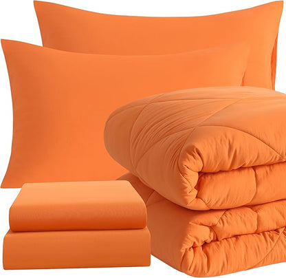 NTBAY Twin Comforter Set with Sheets, 5 Pieces Soft and Breathable Twin Bedding Set, Twin Bed in a Bag, Down Alternative Comforter Set Solid Color All Season, Kids Bedding Set, Orange - LeafyLoom