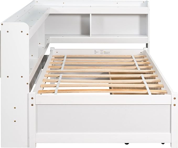 Twin Size Platform 2 Storage Drawers and L-Shaped Bookcases, Wooden Captain Bed Daybed Frame with Headboard for Bedroom, Living Room, White - LeafyLoom