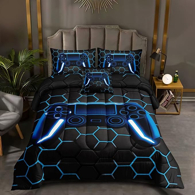 6 Pieces Gaming Bedding Set for Boys Gamer Comforter Set Full Size,Game Controller Comforter for Boys Kids Teen 3D Gamepad Microfiber Bedding Sets 6 Pieces Bed in A Bag Sets-H50022,Full - LeafyLoom