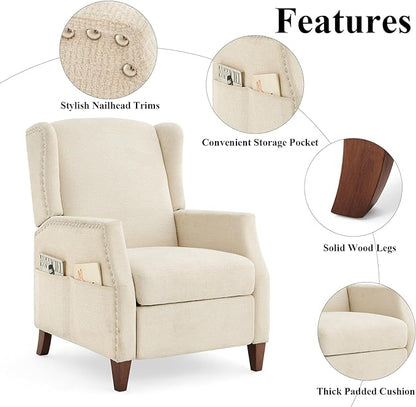 COLAMY Wingback Pushback Recliner Chair with Storage Pocket, Upholstered Fabric Living Room Chair Armchair with Wood Legs and Nailhead Trim, Beige - LeafyLoom