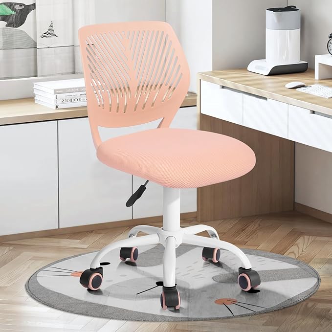 FurnitureR Desk Chair Small Study Chairs Armless for Child Kids Teens, Swivel Rolling Lightweight Task Chair with Wheels and Mesh Padded Cushion, Orange Rose - LeafyLoom