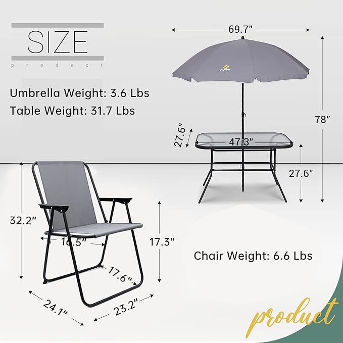 Nice C Outdoor Dining Sets, Patio Furniture Set, 8 Piece Set with Umbrella, Garden Outdoor Furniture Table Set with Tilted Removable Umbrella, Glass Table, and 6 Folding Chairs (Grey) - LeafyLoom