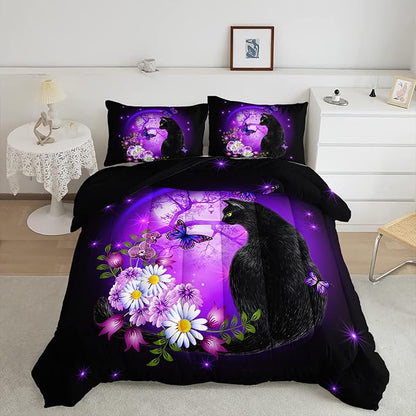 Black Cat Bedding Cartoon Cat Comforter Set Queen,Daisy Butterflies Printed Kids Bedding Set for Kids Boys Girls Adults Room Decor,Kids Comforter Set All Season,1 Quilt 2 Pillow Cases,Purple - LeafyLoom