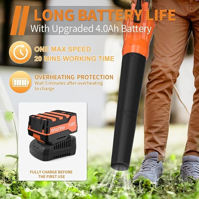 Leaf Blower 20V Leaf Blower Cordless with 4.0Ah Battery and Charger, High Power 400 CFM Electric Leaf Blower, Lightweight Handheld Cordless Blower for Lawn Care Yard Patio Garden Leaves Snow (Orange) - LeafyLoom