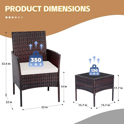 Patio Set 3 Piece Outdoor Rattan Porch Furniture with Tempered Glass Side Table & Cushion All Weather Conversation Bistro Set for Balcony,Deck,Porch (Brown/Beige) - LeafyLoom