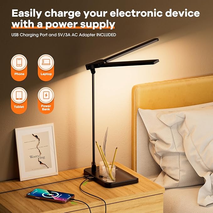 RealPlus Desk Lamp with USB Charging Port & 【Adapter】, 17IN Tall LED Desk Lamps for Home Office, 10W Double Head Desk Lamp with Pen Holder, Memory Function/10 Brightness/5 Colors/Reading Mode/Timer - LeafyLoom