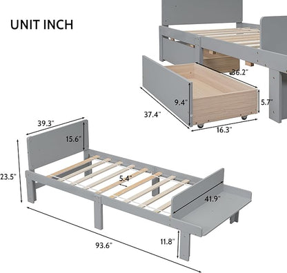 Twin Bed with 2 Drawers,Storage Platform Bed with Footboard Bench and Headboard,Pine Wood Twin Size Bed Frame High Stable for Kids,Boys,Girls,Teens, No Box Spring Needed,Grey - LeafyLoom