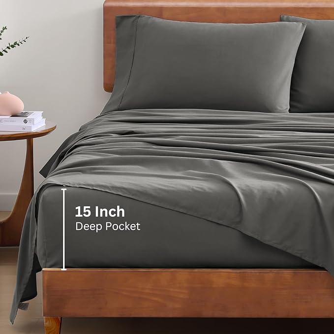 LANE LINEN 100% Organic Cotton Twin XL Sheets Set 3-Piece Pure Percale Soft Bedding Breathable Fits Mattress Upto 15" Deep - Charcoal - LeafyLoom