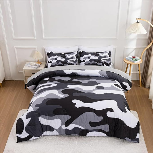 Meeting Story Camouflage Bedding Set, Colorful Pattern Style Comforter Set, 5 PCS One Comforter Two Pillowcases Two Sheets in One Bag, All Season Bedspread for Teens Adults (Grey,Full5pcs - LeafyLoom