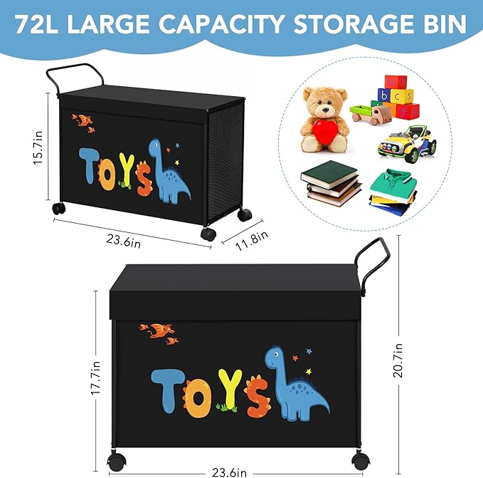 Toy Box Toy Storage - 72L Kids Toy Organizer with Wheels Toy Chest Bins with Lids, Toy Boxes for Girls Boys,Toddlers, Stuffed Animals, Living Room （Black） - LeafyLoom