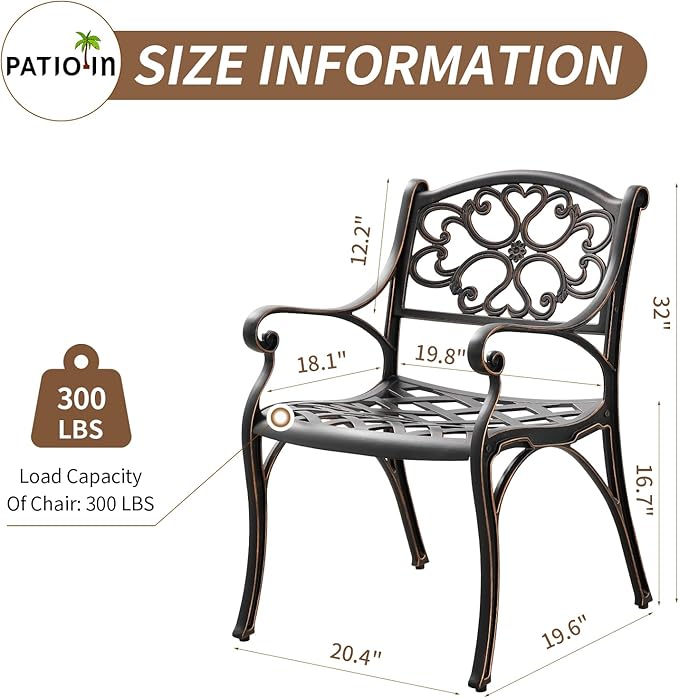 Cast Aluminum Patio Dining Set, Outdoor Bistro Set, 31.5"" Round Patio Table with Umbrella Hole, 2 Patio Chairs for Yard Porch Garden Balcony, Bronze 4 - LeafyLoom