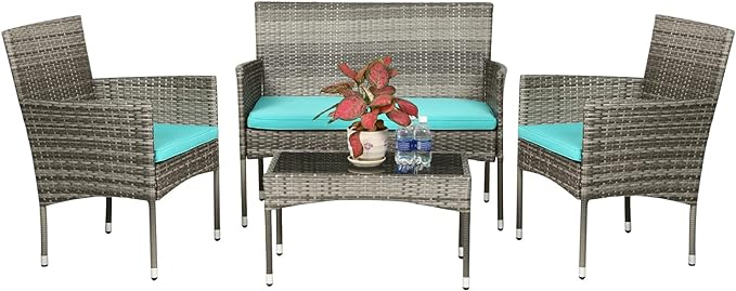 FDW Patio Conversation Set 4 Pieces Outdoor Furniture Set Wicker with Rattan Chair Loveseats Coffee Table for Outdoor Indoor Garden Backyard Porch Poolside Balcony,Gray Wicker/Blue Cushions - LeafyLoom