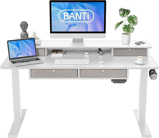 BANTI Height Adjustable Electric Standing Desk with 4 Drawers, 55 x 24 Inch Table with Storage Shelf, Sit Stand Desk, White Top - LeafyLoom