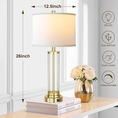 QiMH Touch Control Table Lamp Set of 2 with USB Ports, 3-Way Dimmable Nightstand Lamp with Fabric Cream Shade, Modern Bedside Lamp for Living Room Bedroom Reading, LED Bulbs Included - LeafyLoom