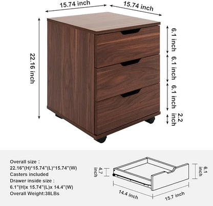 Farini 3-Drawer Vertical Filing Cabinet Rolling Wood Mobile File Cabinets Under Desk for Home Office with Casters (Brown Walnut, Fully Assembled) - LeafyLoom