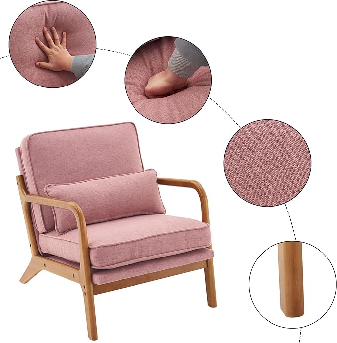 Bonnlo Linen Pink Mid Century Modern Accent Chair, Soild Wood Padding Lounge Armchairs Side Sitting Chairs for Living Room, Bedroom, Guest Room - LeafyLoom