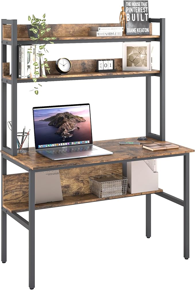 47 Inch Computer Desk with Desktop Wireless Charger, Home Office Desk with Bookshelf, Writing Desk with Storage Shelves for Home Office, Craft Table with Hutch Rustic - LeafyLoom