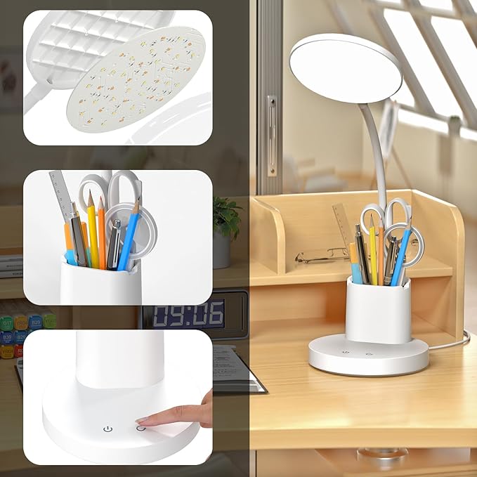 comzler Small Desk Lamp for Kids, LED Desk Lamps with Pen Phone Holder, White Desk Light for Home Office,8W 3 Modes Dimmable LED Desk Light for Kids, Desktop Study Lamps for Bedrooms - LeafyLoom