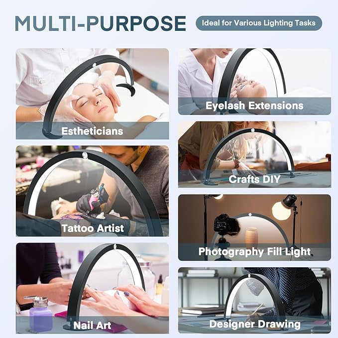 MYSWEETY Half Moon Light for Nail Desk, 29'' Foldable Led Nail Tech Lamp, Arch Table Lamp Estheticians Light with Remote, Lash Light Lamp for Eyelash Extensions, Tattoo, 7 Tones & 10 Brightness - LeafyLoom