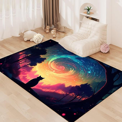 Moon Black Cat Rug - Mystical Stary Night Cat Rug for Kids Bedroom Colorful Black Cat Rug Decor Room Cat Door Mats Outdoor Entrance, 3x4 Feet - LeafyLoom