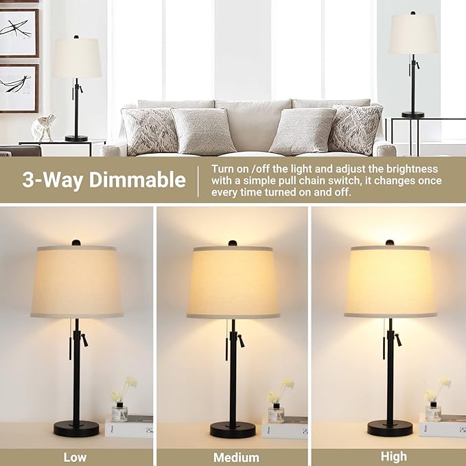 Bedside Table Lamps Set of 2: Tall Black Table Lamps for Living Room End Table | Height Adjustable 3-Way Dimmable Nightstand Lamp with Pull Chain Switch Modern Lamps for Bedroom Office(Bulbs Included) - LeafyLoom