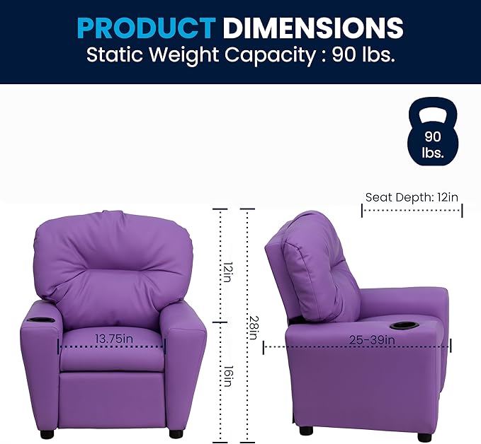 Flash Furniture Chandler Vinyl Kids Recliner with Cup Holder and Safety Recline, Contemporary Reclining Chair for Kids, Supports up to 90 lbs., Lavender - LeafyLoom