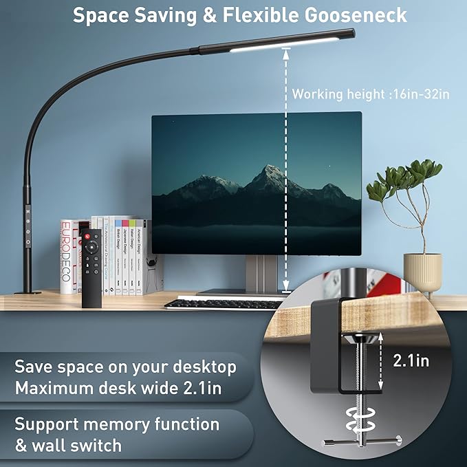 Swing Arm Desk Light with Remote Control, Eye-Caring Gooseneck Desk Lamp, Adjustable Brightness & Color Temperatures, Modern LED Clamp Light with Memory & Timer Function, 12W, Matteblack - LeafyLoom