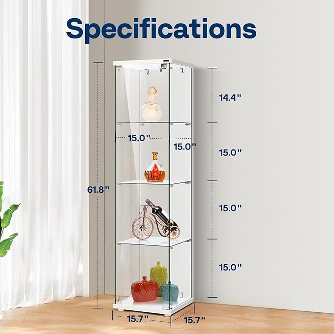 VIVOHOME 4 Layers 15.7''W x 15.7''D x 62.6''H Glass Display Cabinet Countertop Showcase with Lock, 5mm Tempered Glass 25mm MDF Base - LeafyLoom