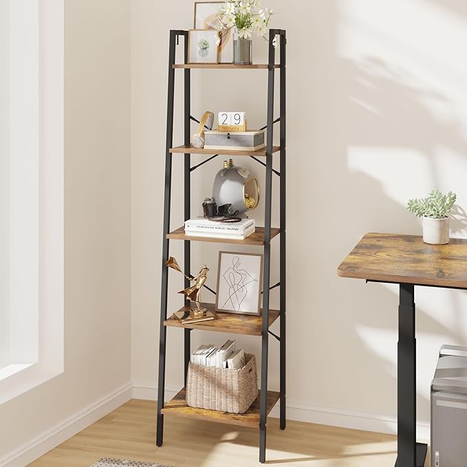 Ladder Shelf, Bookshelf Bookcase, Freestanding Corner Storage Shelve with 2 Hooks for Home Office, Living Room, Kitchen, Bedroom, Industrial, 5-Tier Rustic Brown BC19201B - LeafyLoom