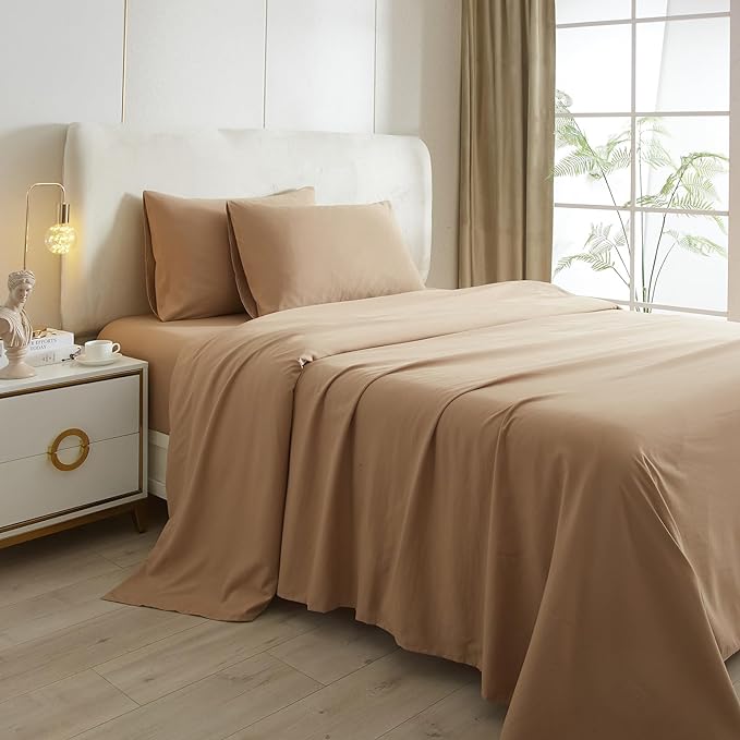 HighBuy Camel Beige Full Size Sheet Set Extra Soft Deep Pocket Sheets Set,4 Piece Bed Sheets Set Fit 16 Mattress,Wrinkle,Fade,Stain Resistant Cooling Bed Sheets,Pillowcases Set (Full,Camel Beige) - LeafyLoom